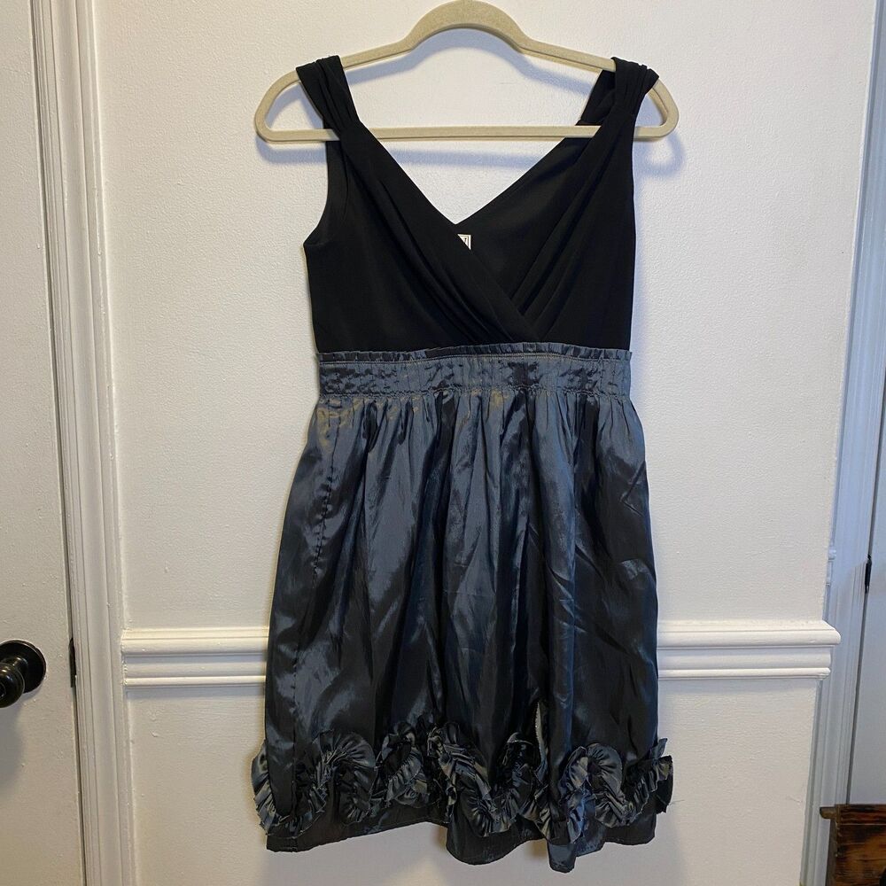 Vintage Cocktail Party Dress NW Collections Black Pewter Flower Taffeta Midi 6